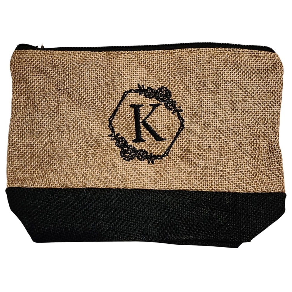 Jute Cosmetic Bag‎ Monogrammed K Black Zippered Pouch Clutch